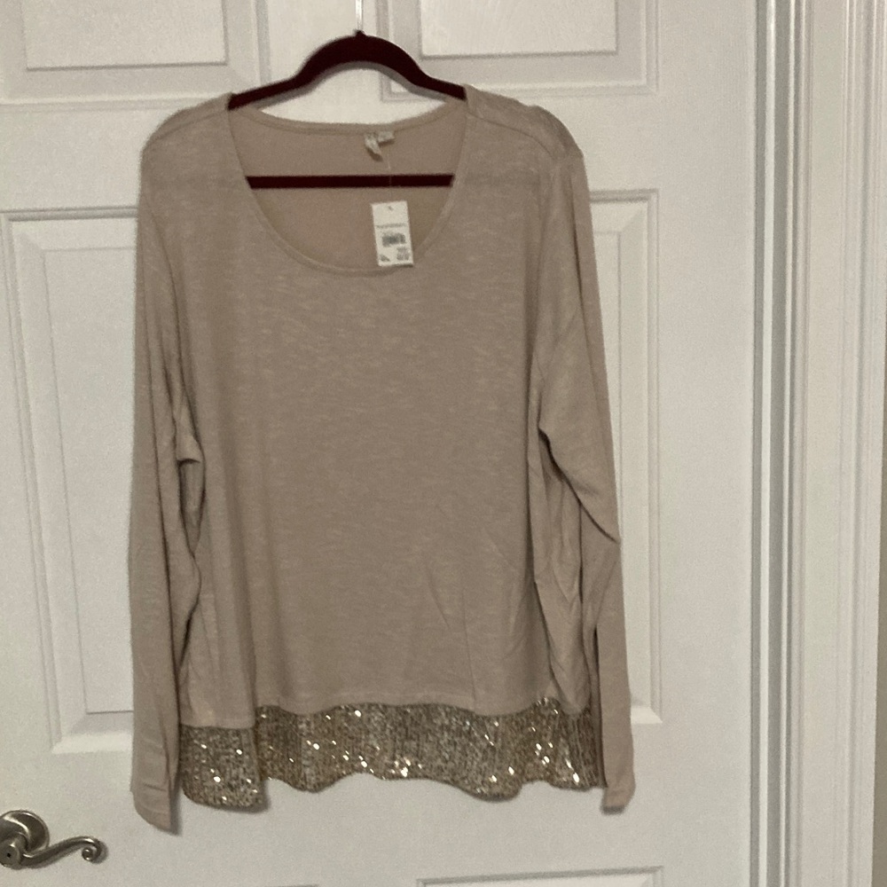 Cato Beige Top with Sequin Hem